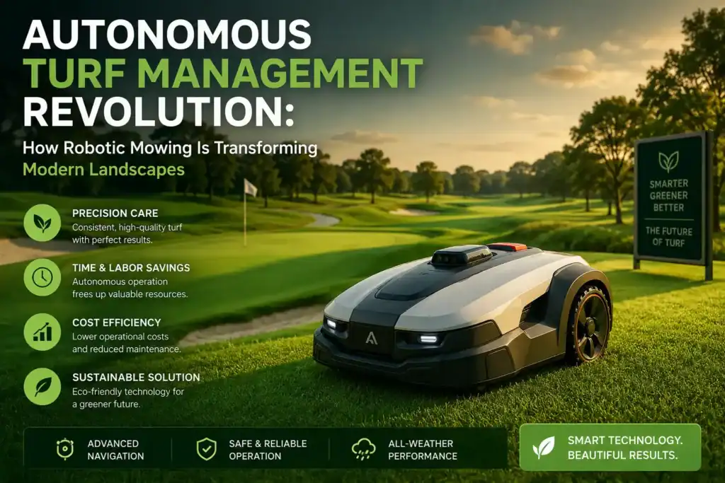 Autonomous turf management robotic mower on golf fairway