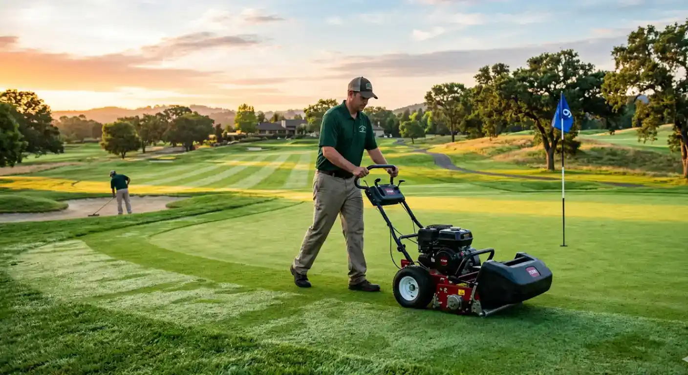 Greenkeepers during daily maintenance tasks on the golf course