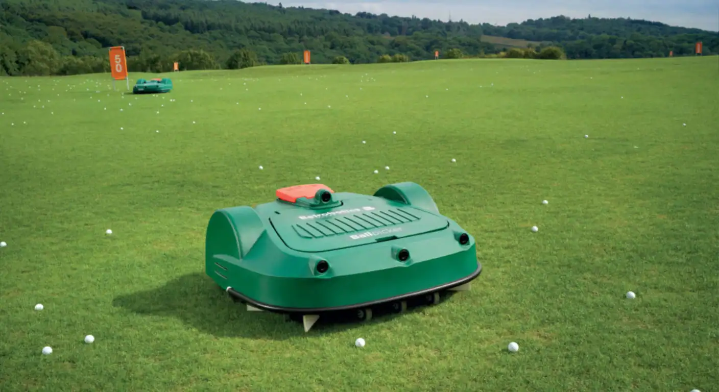 The Automated Golf Driving Range. Belrobotics robots picking up yhe balls on drivibg range
