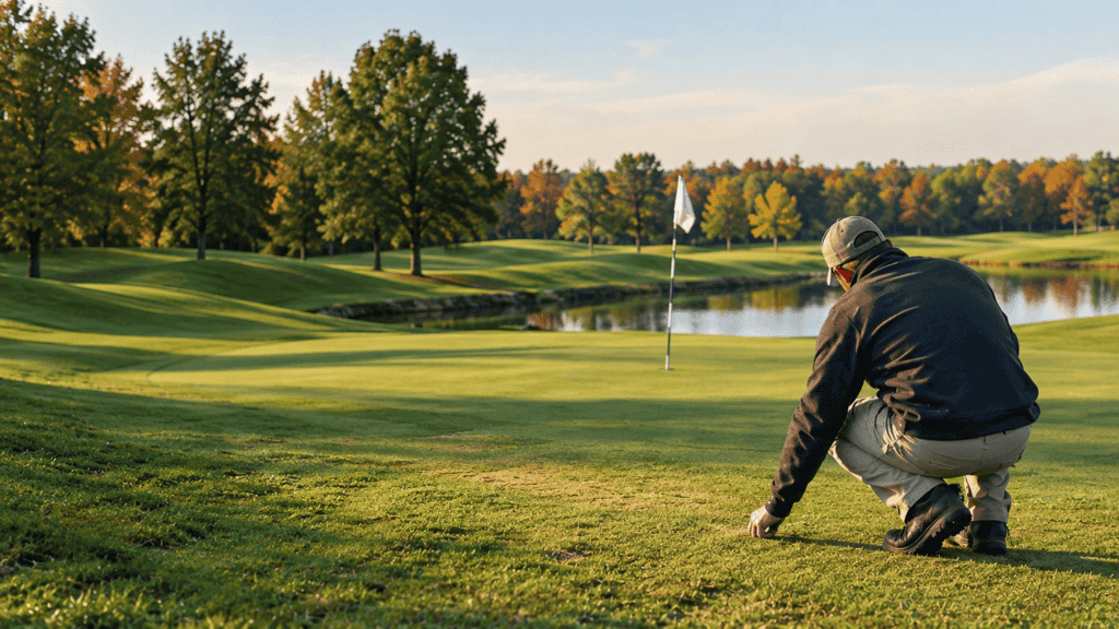 Golf course groundskeeper inspecting turf after summer as autumn conditions begin.