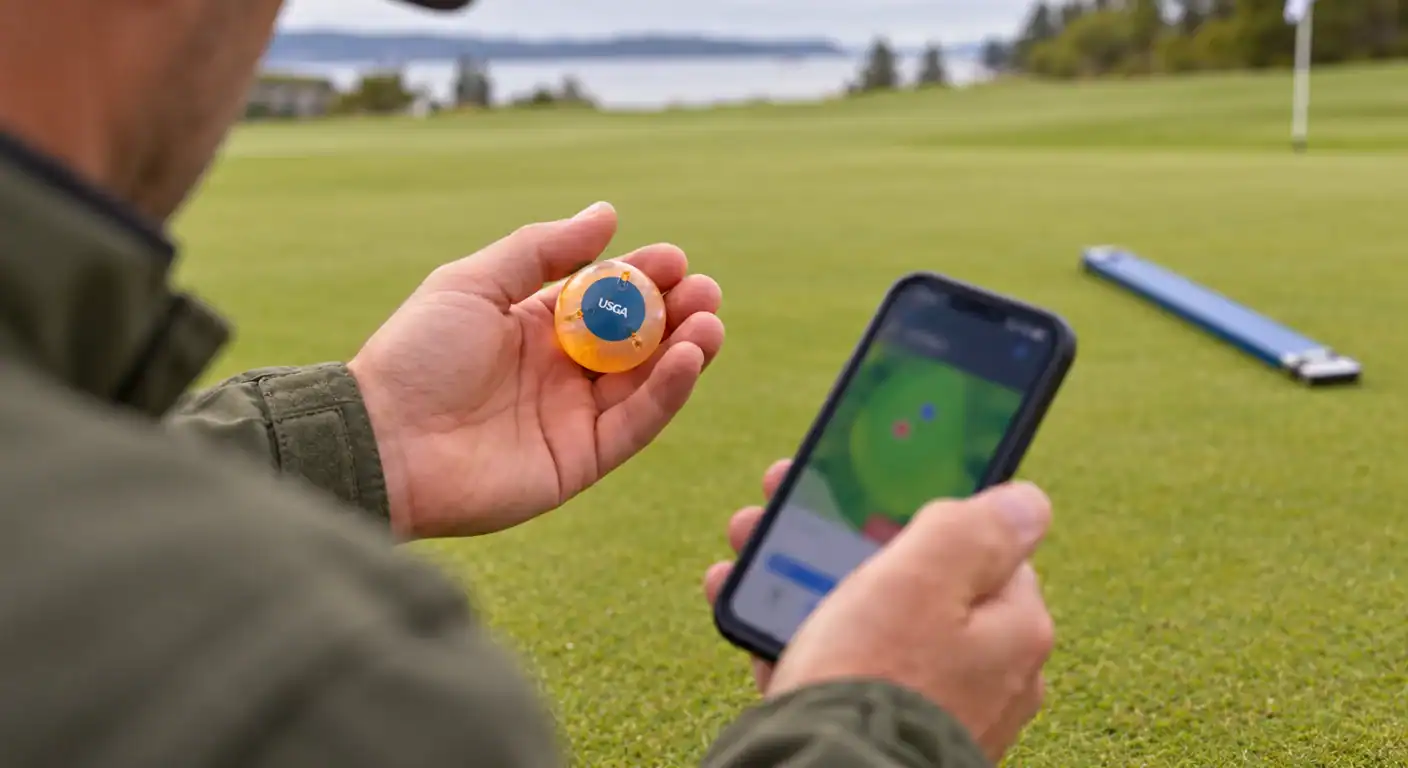 Greenkeeper checking the GS3 ball and smartphone.