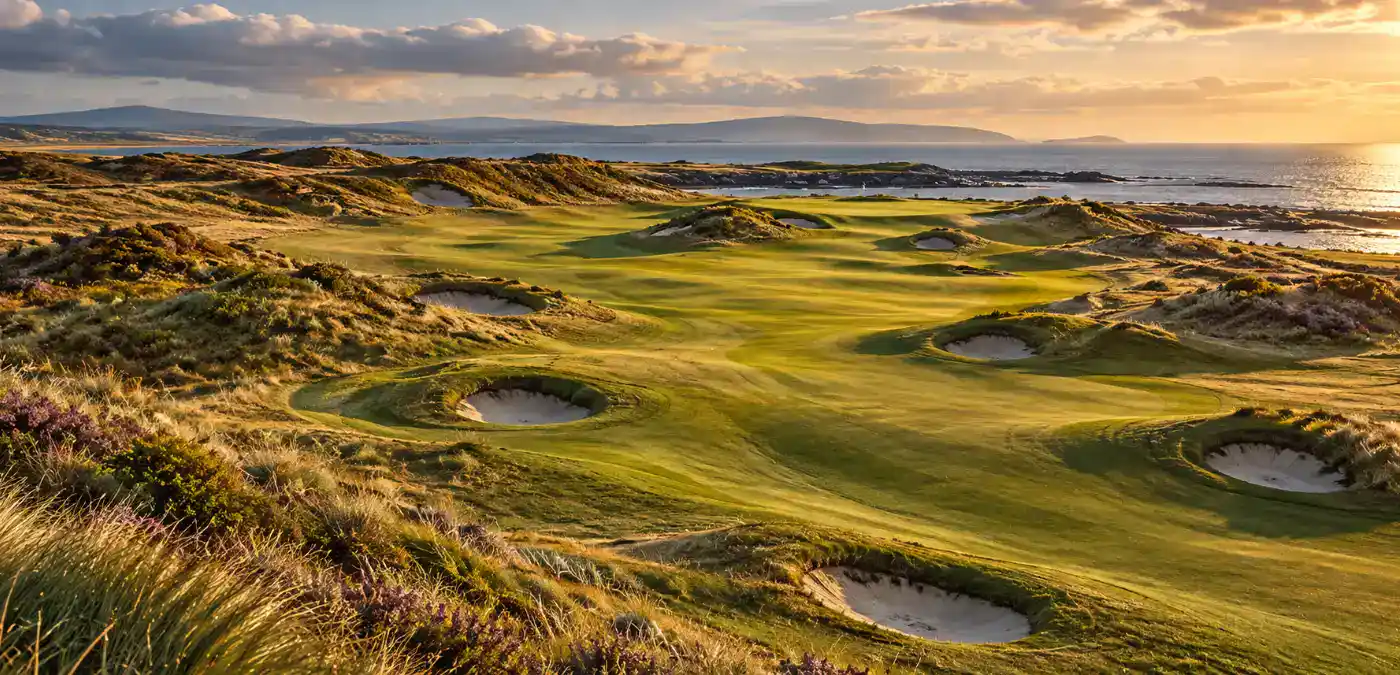 Strategic golf course design. Image inspired St. Andrews Old Course wide fairways, pot bunkers, terrain ondulation